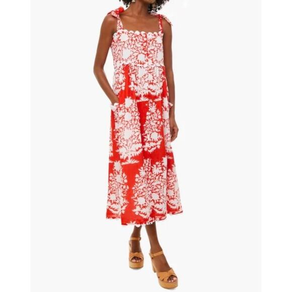 Juliet Dunn Tuckernuck Tie Shoulder Palladio Print Midi Dress Red White NWOT - Picture 4 of 12